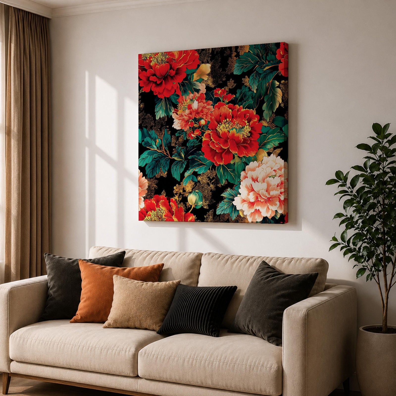 Peony Wall Art Flower Bouquet Framed Canvas Dark Floral Botanical Boho Home Decor