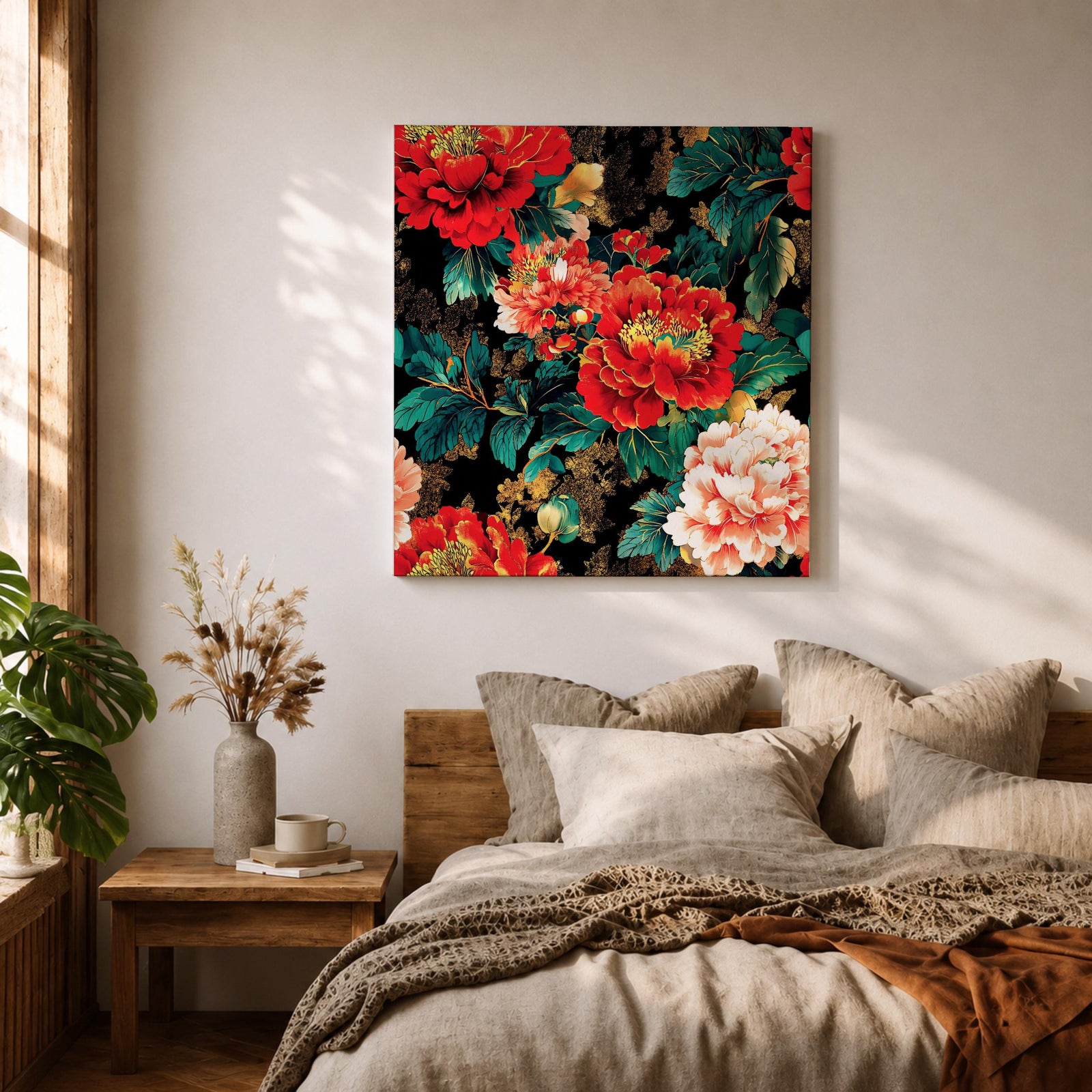 Peony Wall Art Flower Bouquet Framed Canvas Dark Floral Botanical Boho Home Decor