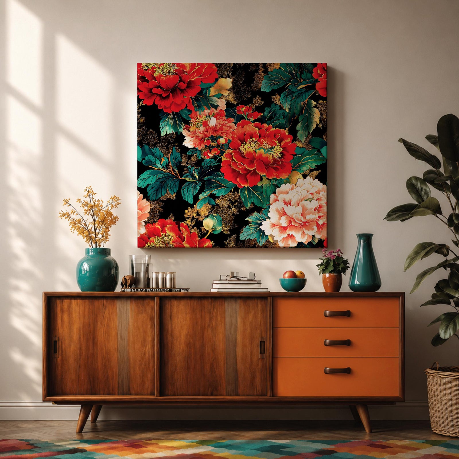 Peony Wall Art Flower Bouquet Framed Canvas Dark Floral Botanical Boho Home Decor