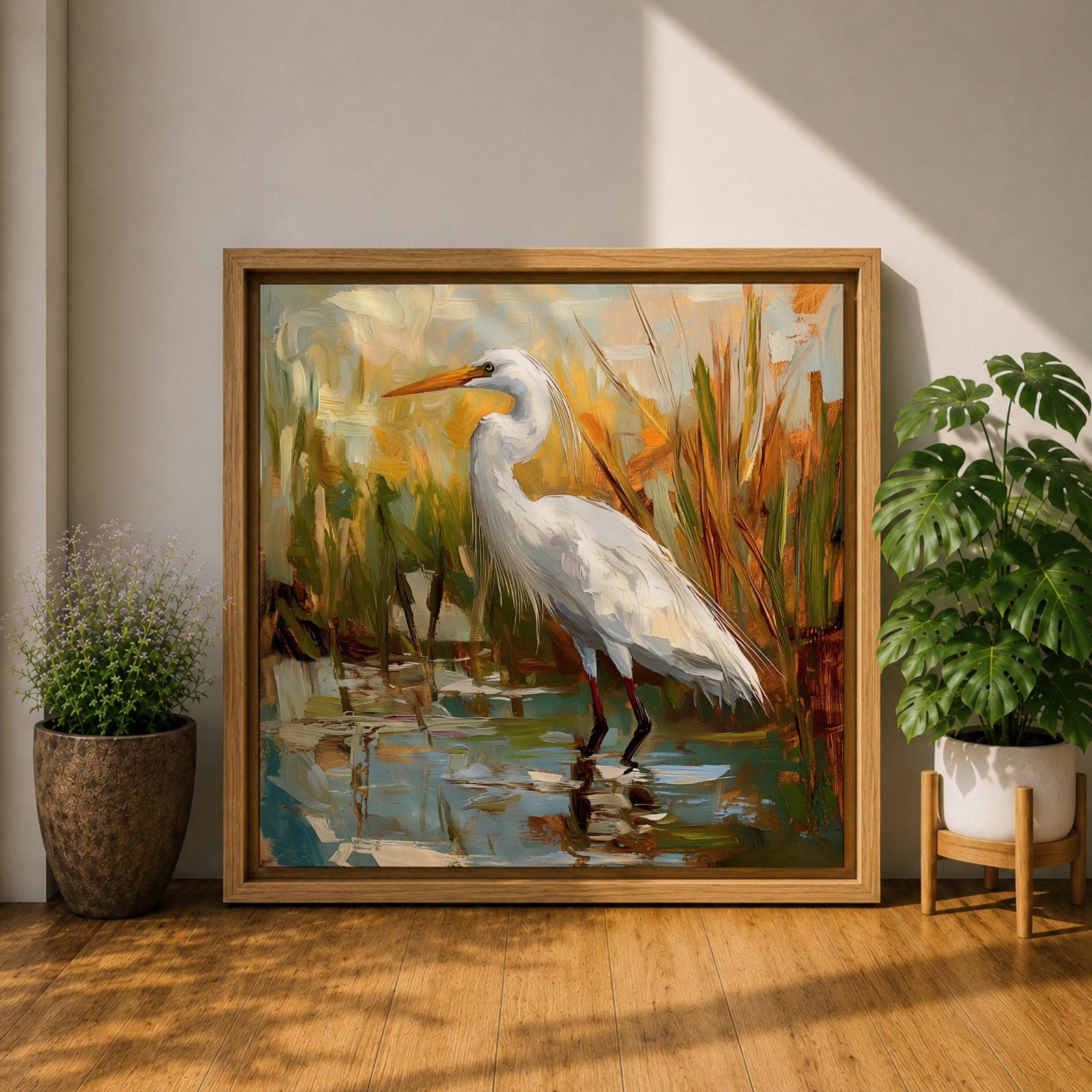 White Heron Wall Art White Egret Framed Canvas Coastal Wildlife Impasto Rustic Home Decor