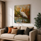 White Heron Wall Art White Egret Framed Canvas Coastal Wildlife Impasto Rustic Home Decor