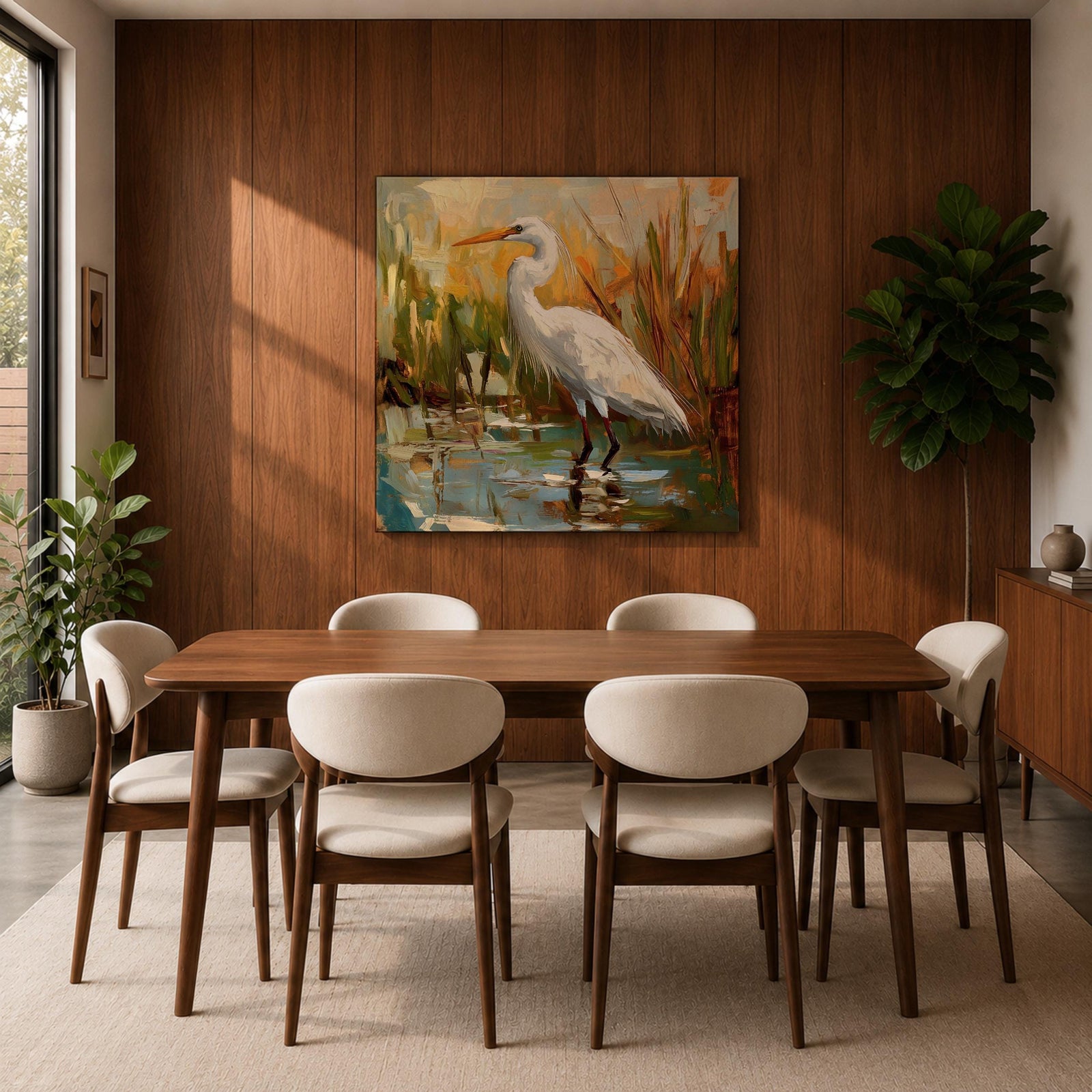 White Heron Wall Art White Egret Framed Canvas Coastal Wildlife Impasto Rustic Home Decor