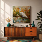 White Heron Wall Art White Egret Framed Canvas Coastal Wildlife Impasto Rustic Home Decor