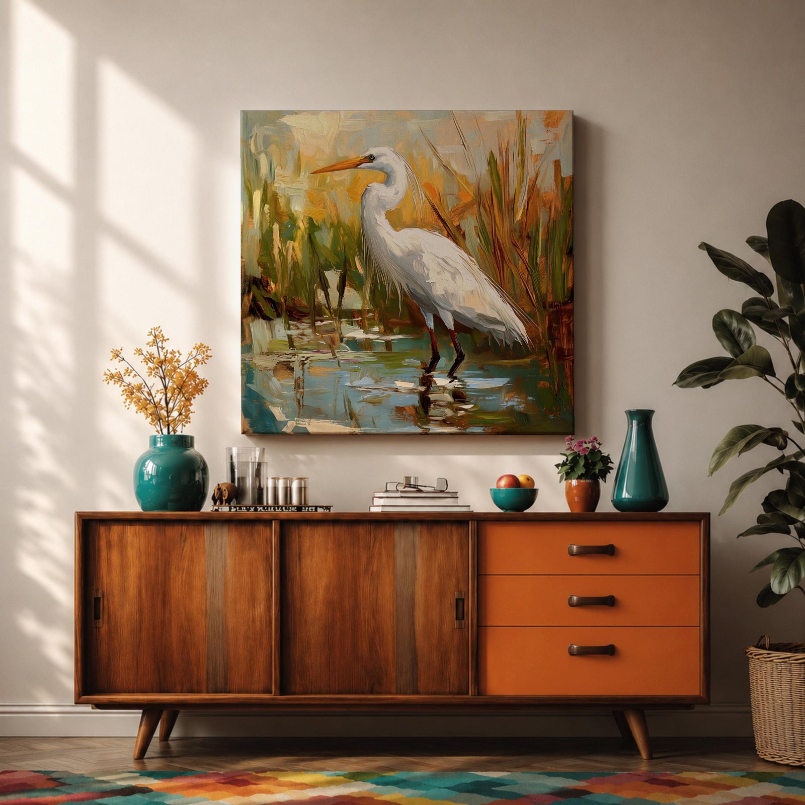 White Heron Wall Art White Egret Framed Canvas Coastal Wildlife Impasto Rustic Home Decor