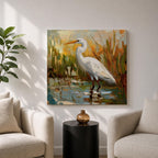 White Heron Wall Art White Egret Framed Canvas Coastal Wildlife Impasto Rustic Home Decor