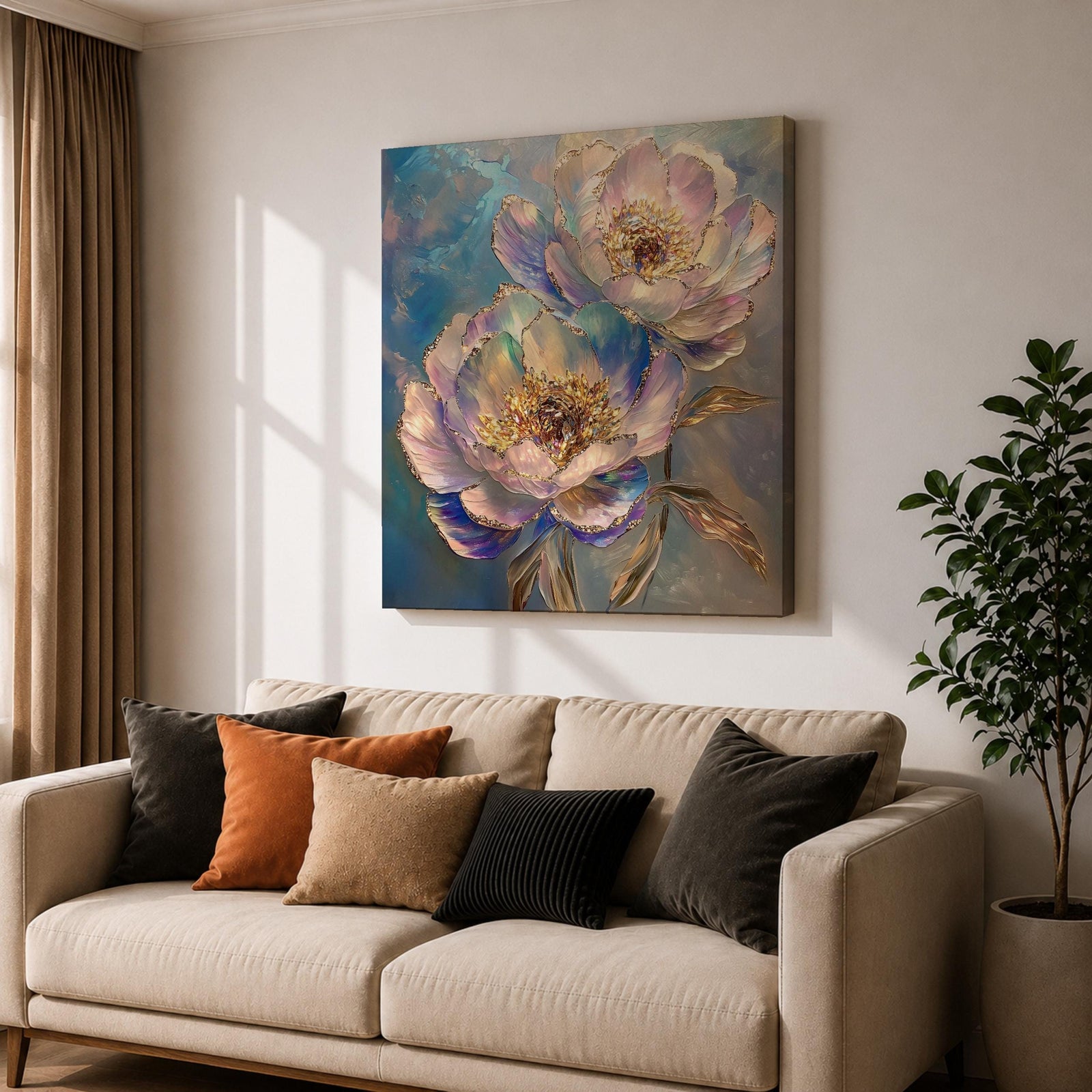 Peony Flower Wall Art Garden Peony Framed Canvas Gold Accent Floral Boho Home Decor