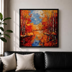 Autumn Landscape Wall Art Fall Scenery Framed Canvas River Meadow Impasto Rustic Home Decor