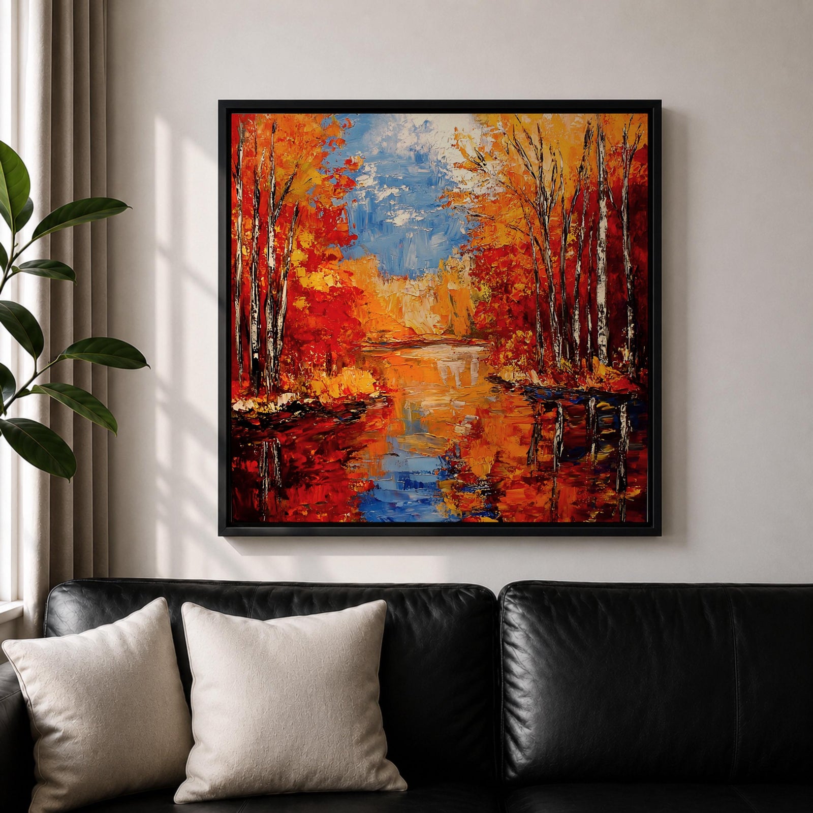 Autumn Landscape Wall Art Fall Scenery Framed Canvas River Meadow Impasto Rustic Home Decor
