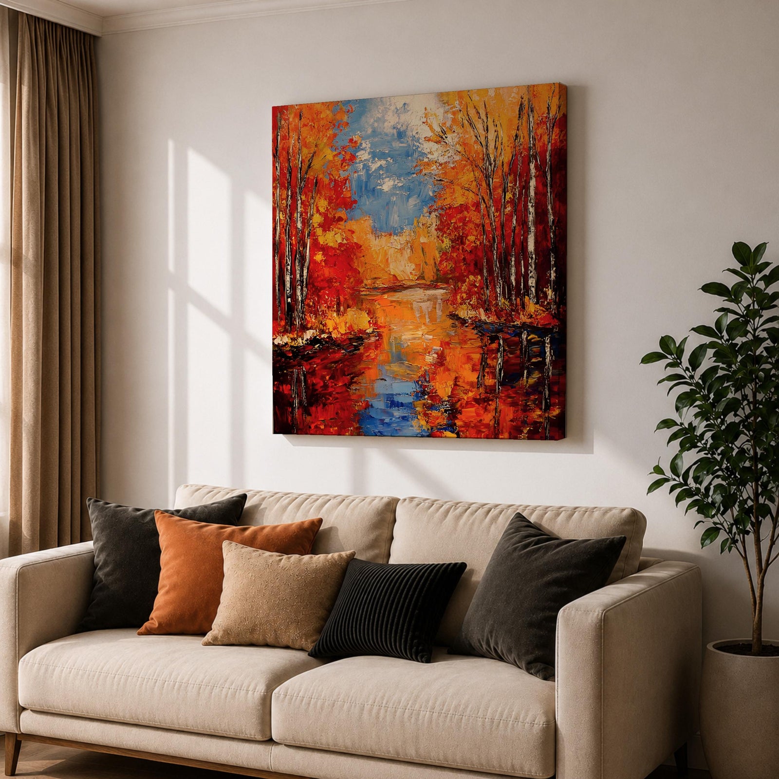 Autumn Landscape Wall Art Fall Scenery Framed Canvas River Meadow Impasto Rustic Home Decor
