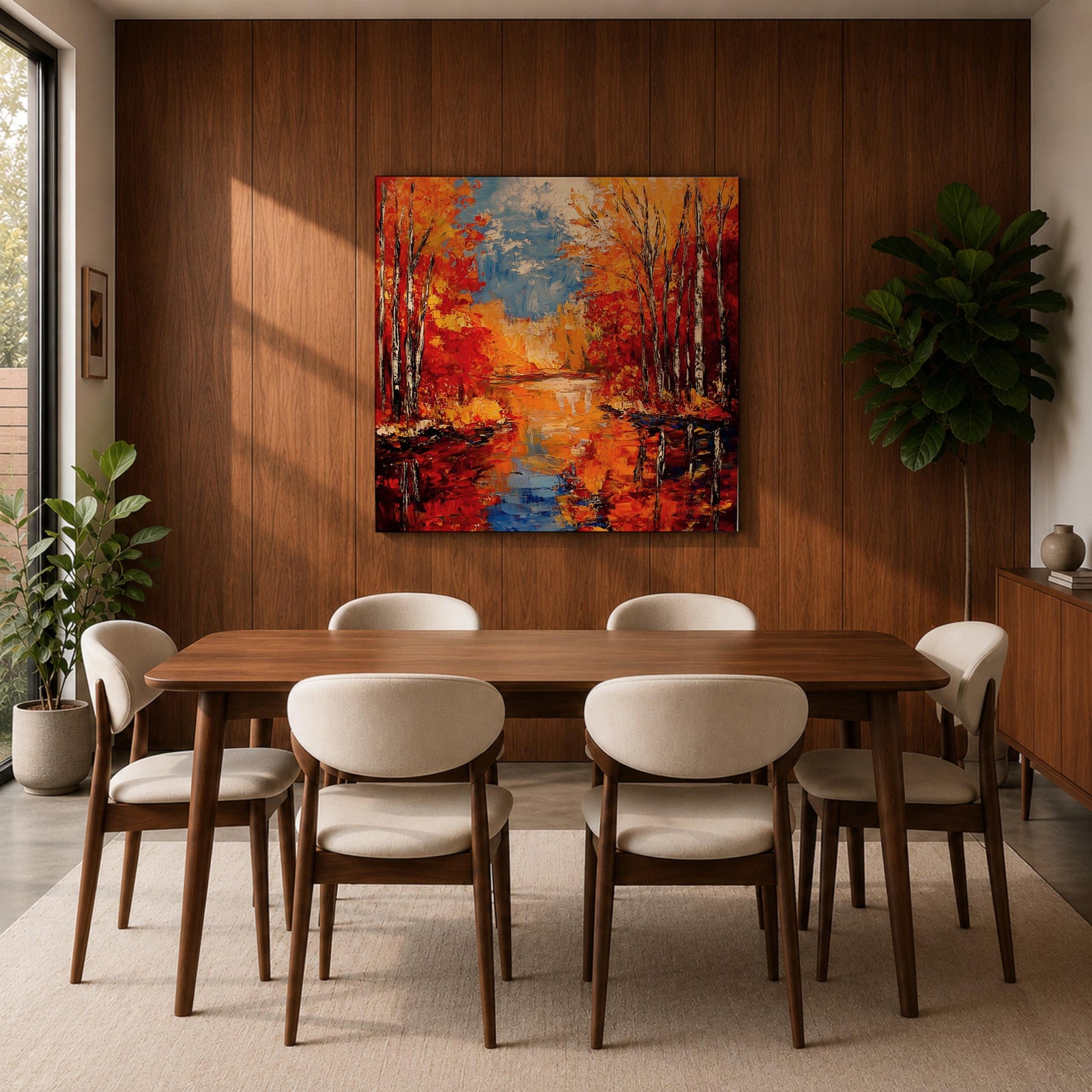 Autumn Landscape Wall Art Fall Scenery Framed Canvas River Meadow Impasto Rustic Home Decor
