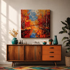 Autumn Landscape Wall Art Fall Scenery Framed Canvas River Meadow Impasto Rustic Home Decor