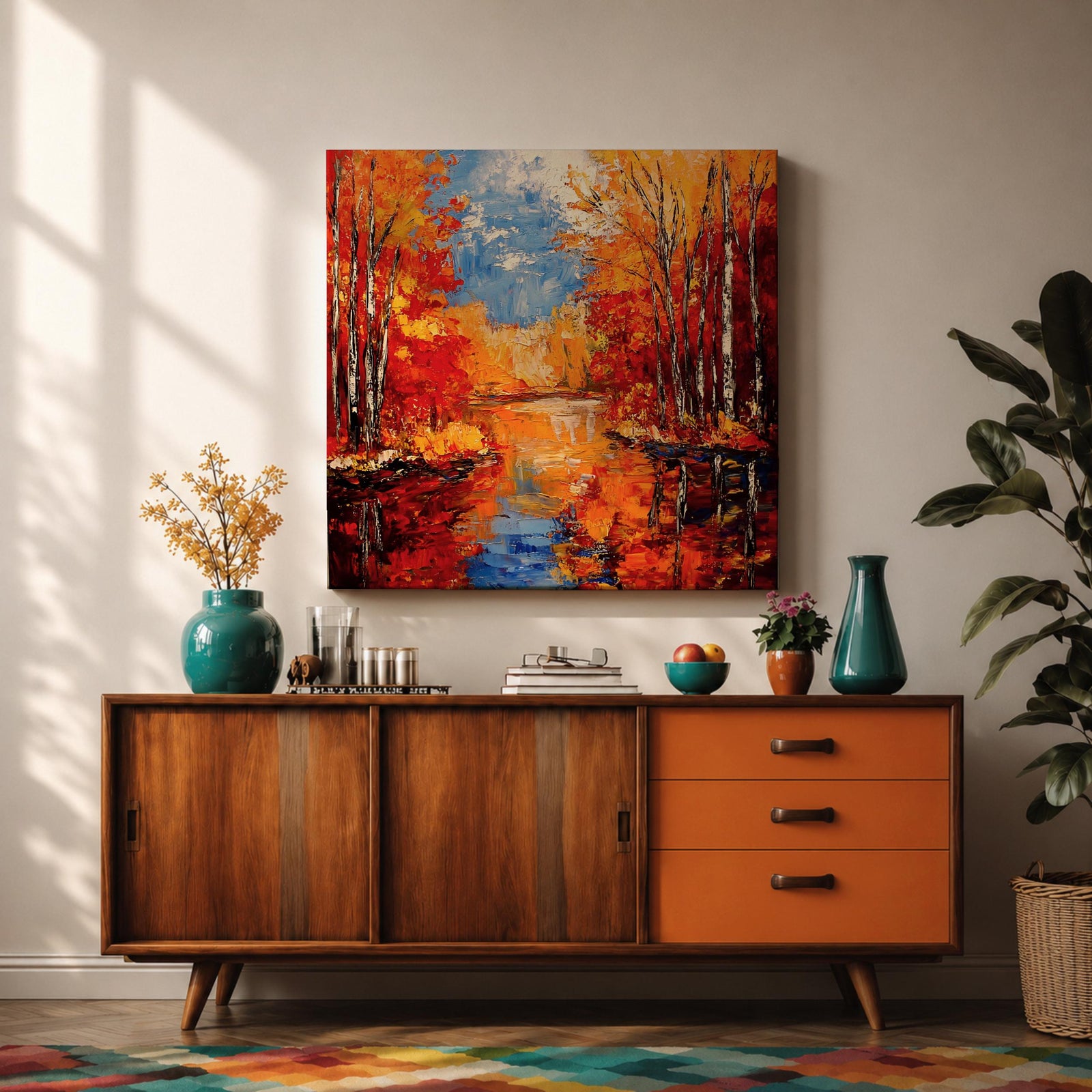 Autumn Landscape Wall Art Fall Scenery Framed Canvas River Meadow Impasto Rustic Home Decor