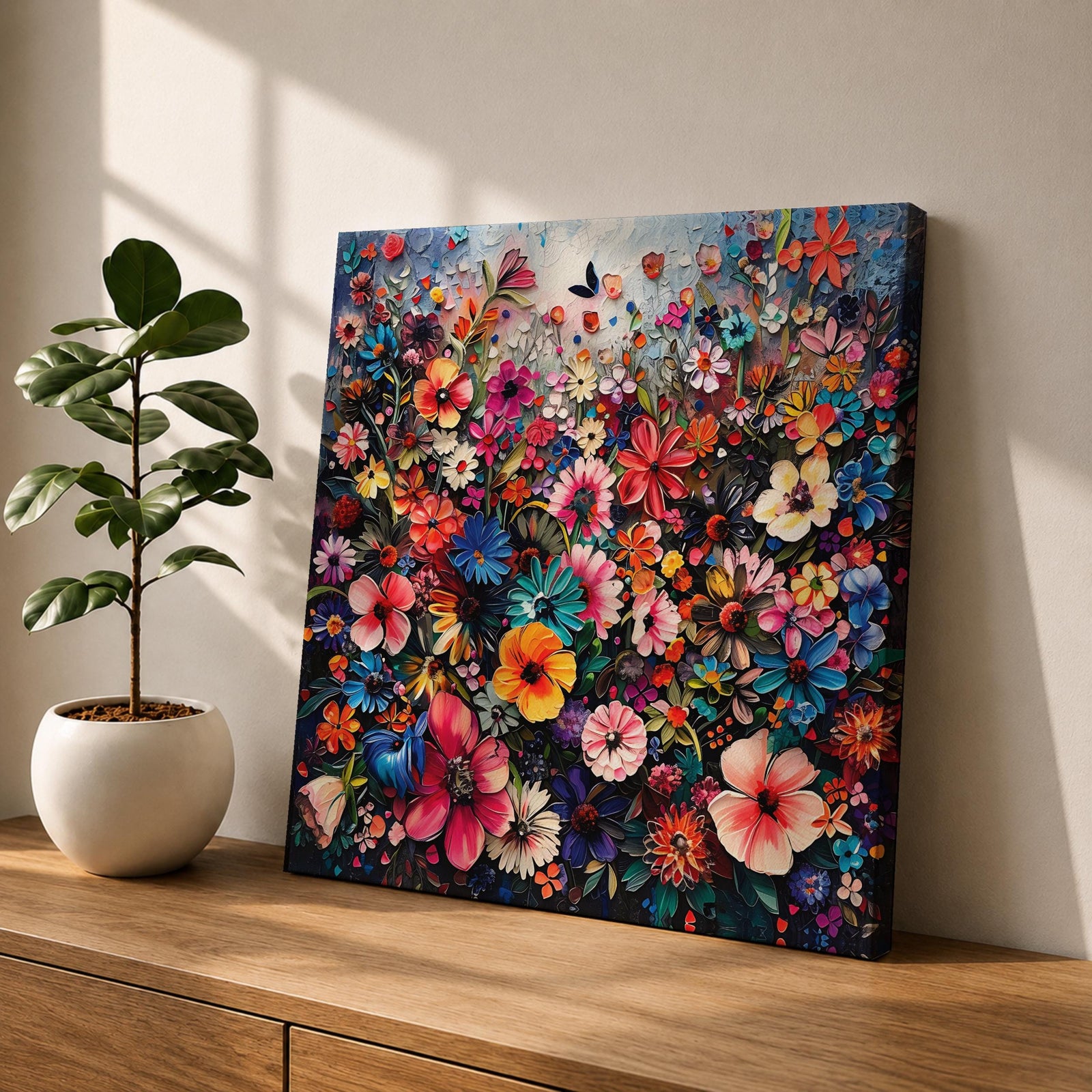 Impasto Floral Wall Art Botanical Garden Framed Canvas Colorful Flower Field Boho Home Decor