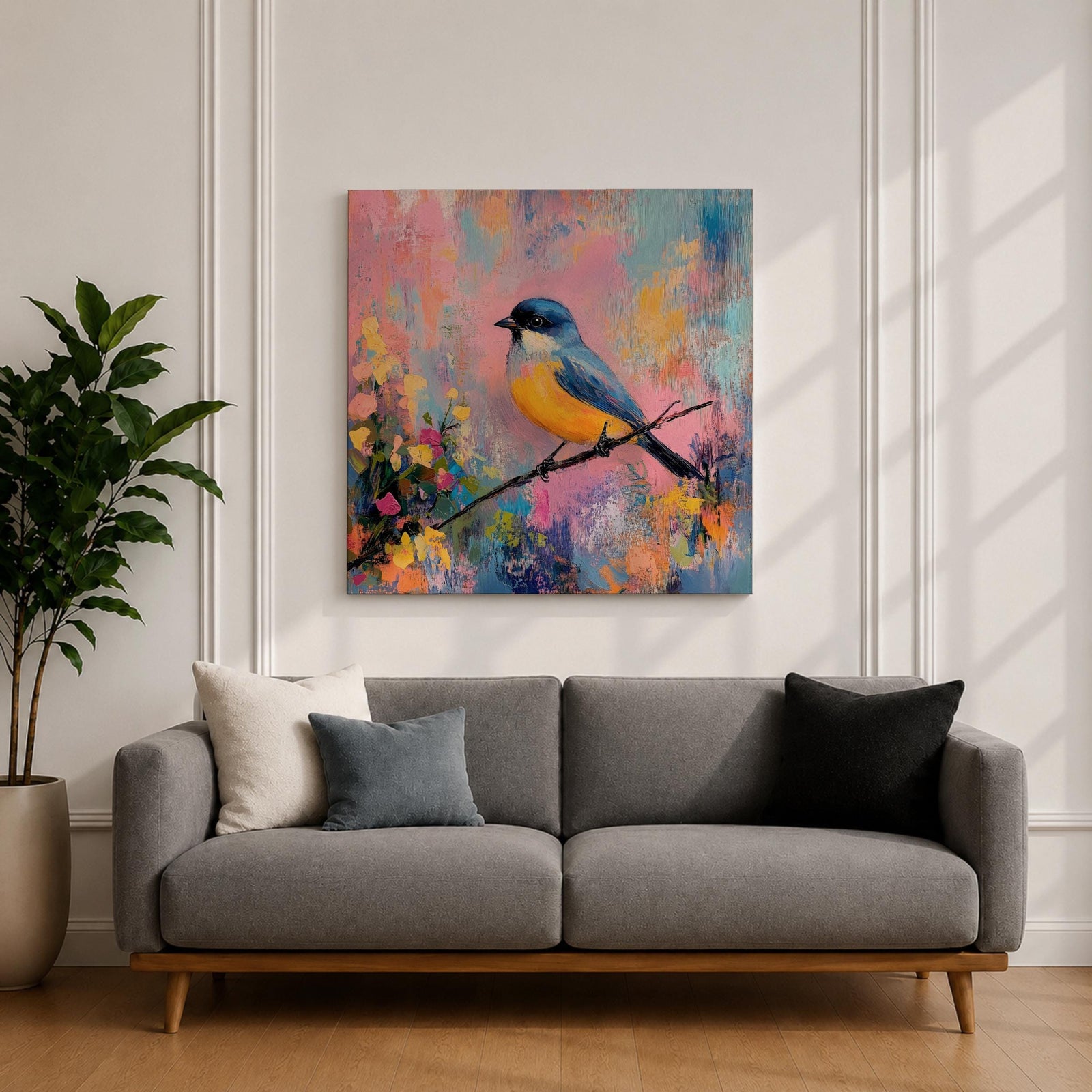 Songbird Wall Art Warbler Framed Canvas Abstract Wildlife Botanical Modern Home Decor