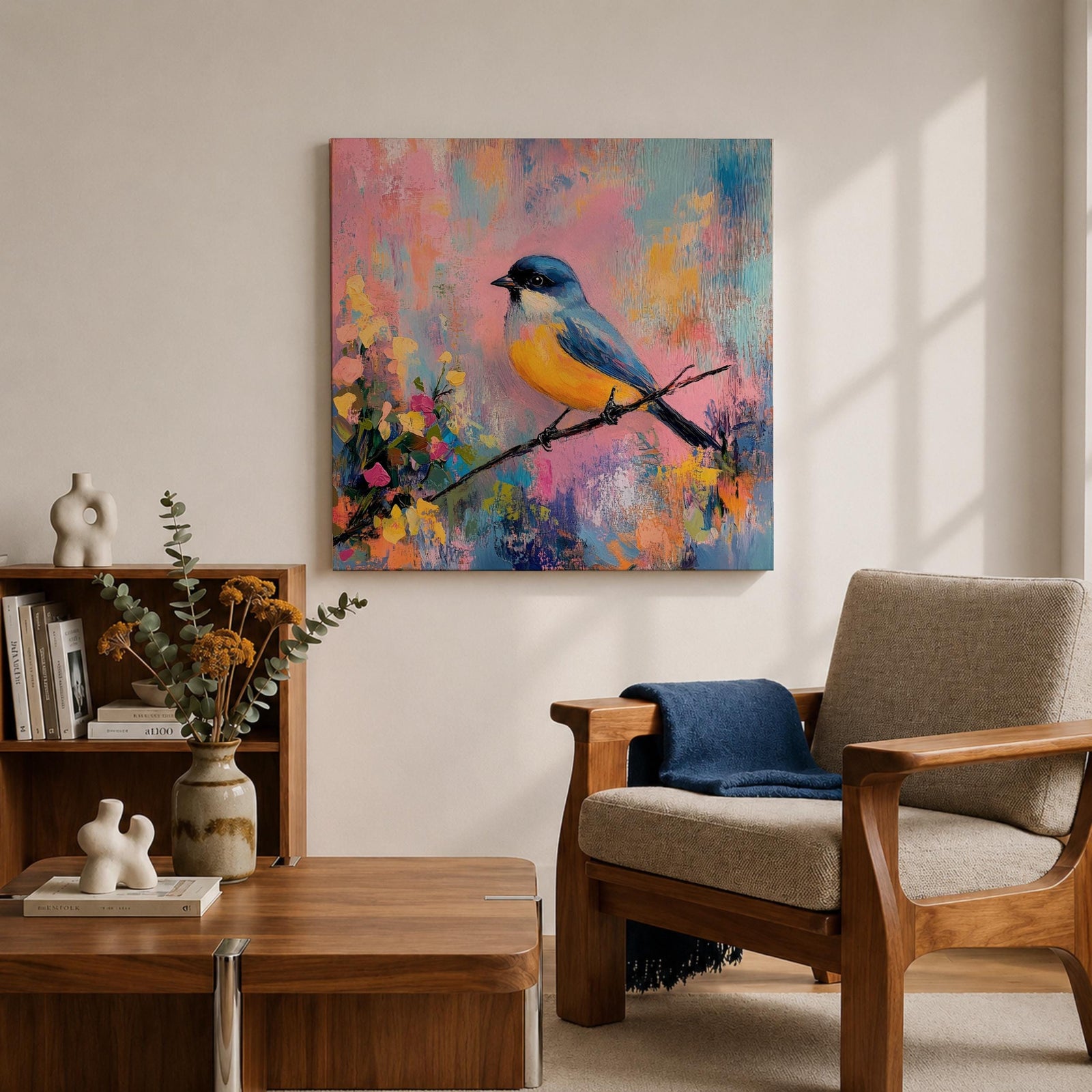 Songbird Wall Art Warbler Framed Canvas Abstract Wildlife Botanical Modern Home Decor