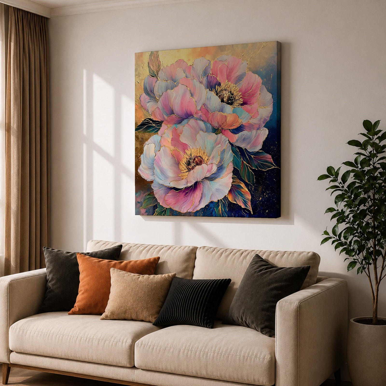 Peony Flower Wall Art Garden Peony Framed Canvas Gold Accent Botanical Boho Home Decor