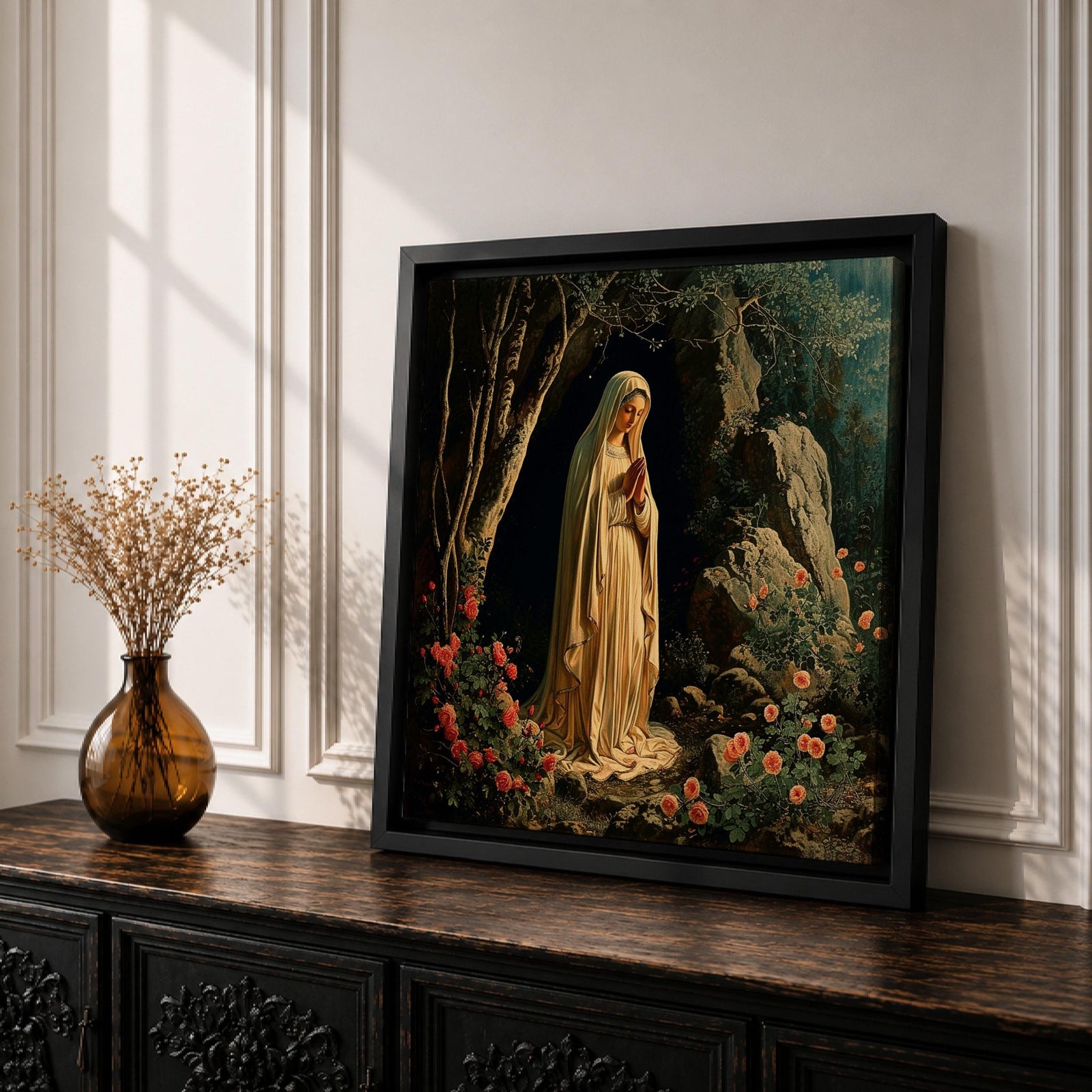 Our Lady of Lourdes Wall Art Virgin Mary Framed Canvas Catholic Prayer Room Decor