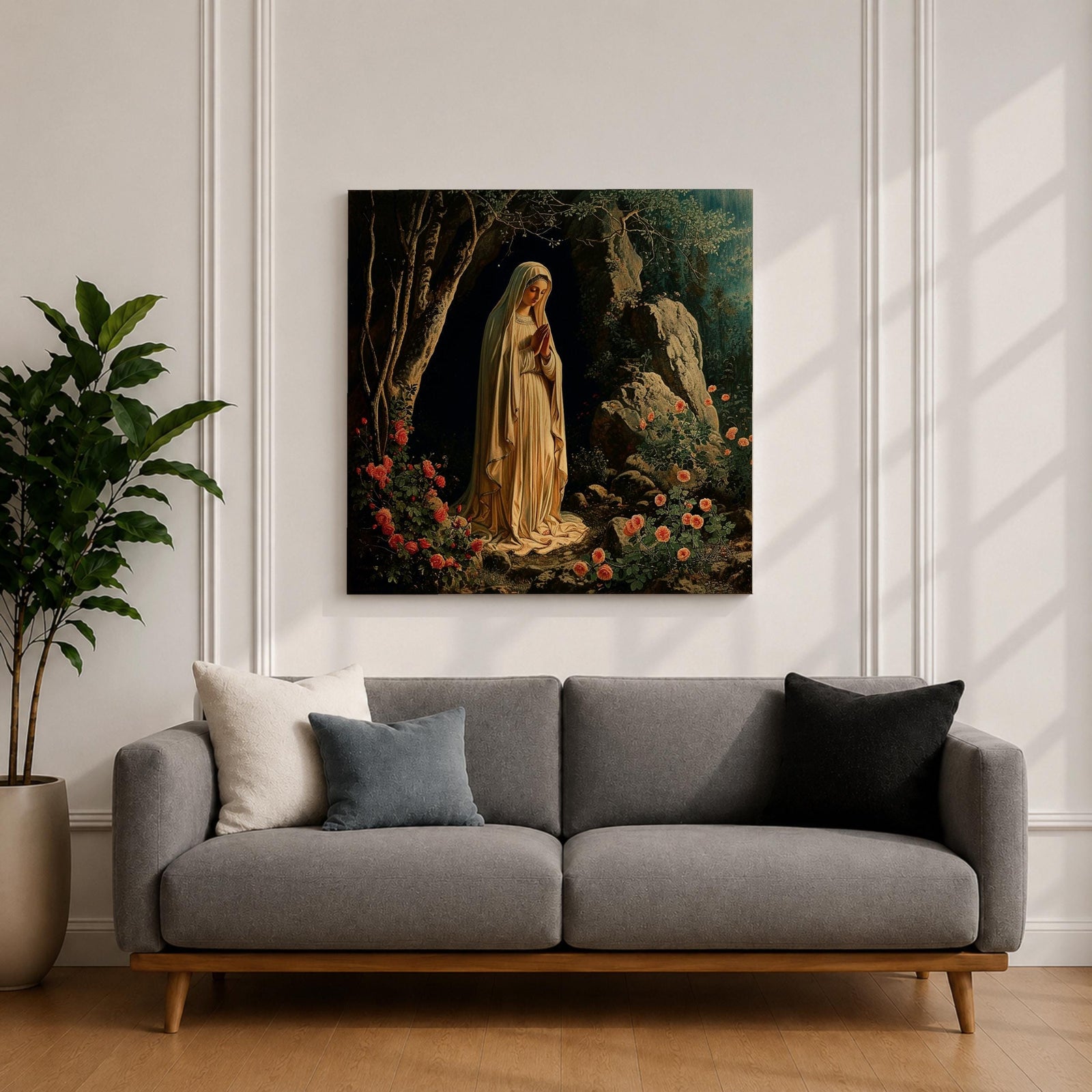 Our Lady of Lourdes Wall Art Virgin Mary Framed Canvas Catholic Prayer Room Decor