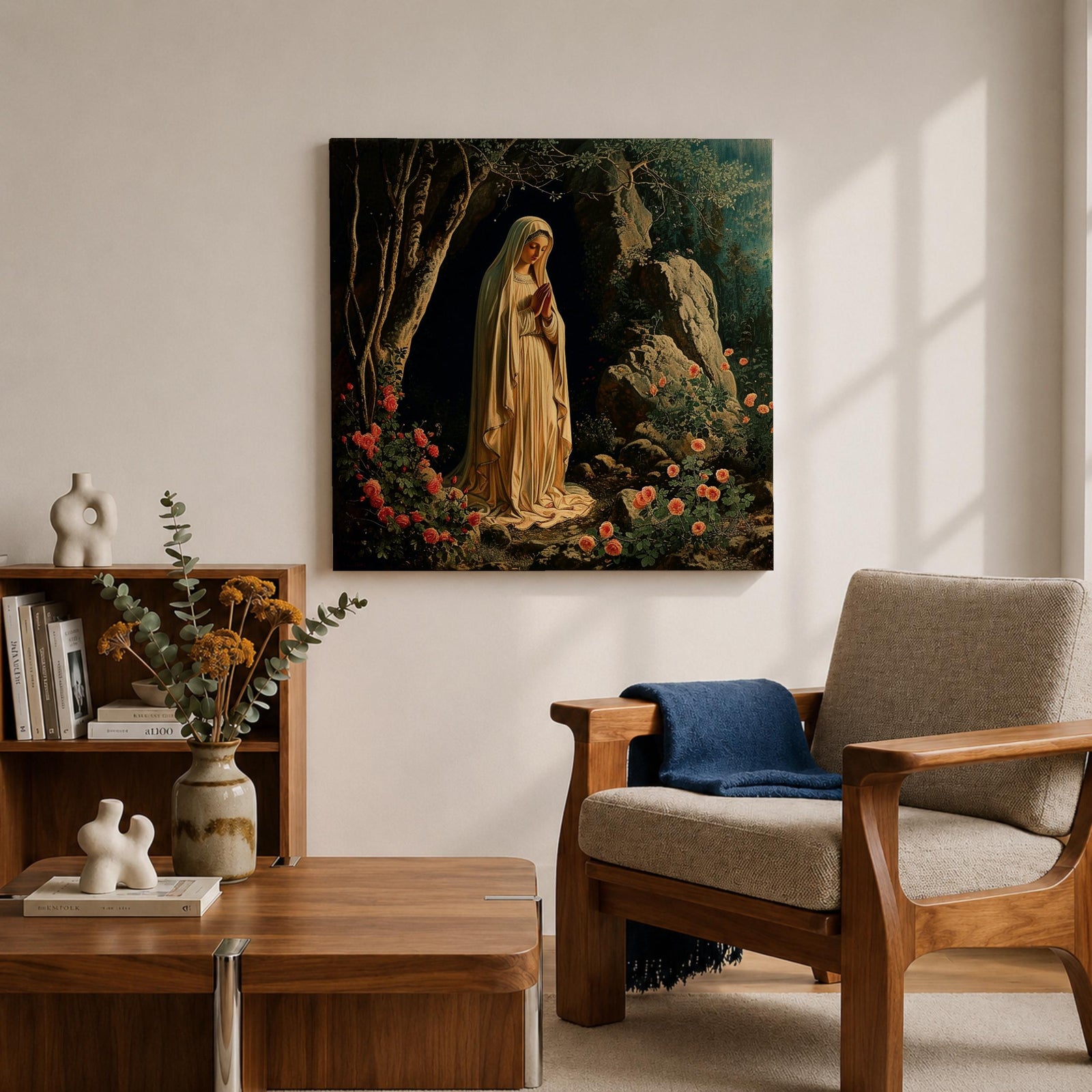 Our Lady of Lourdes Wall Art Virgin Mary Framed Canvas Catholic Prayer Room Decor
