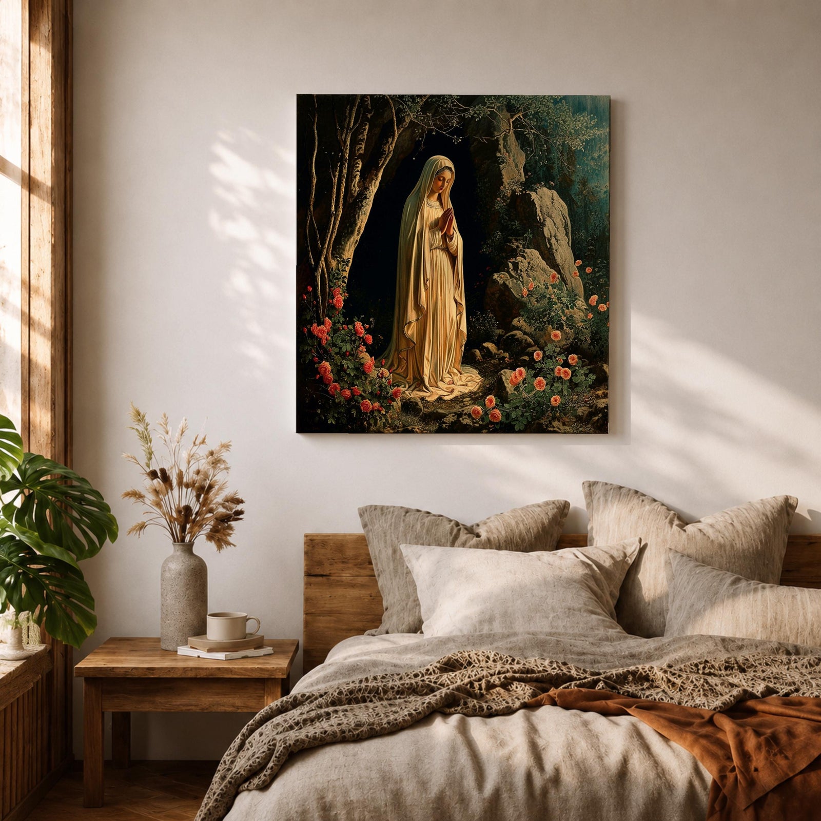 Our Lady of Lourdes Wall Art Virgin Mary Framed Canvas Catholic Prayer Room Decor