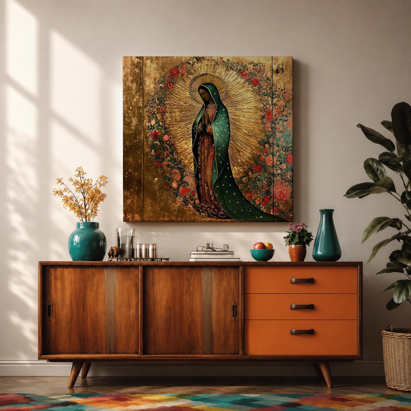 Our Lady of Guadalupe Wall Art La Morenita Framed Canvas Antique Catholic Home Decor