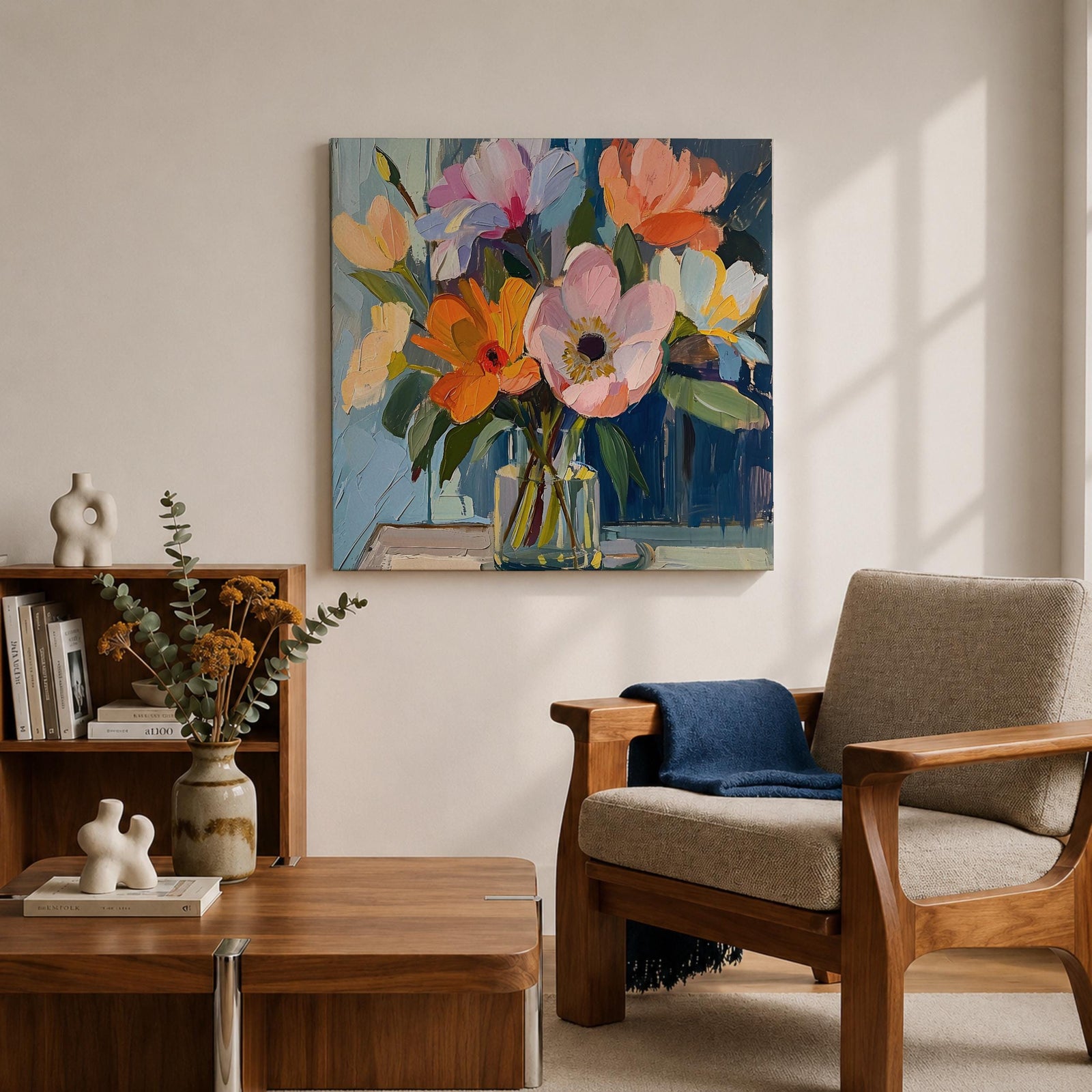 Flower Bouquet Wall Art Vase Flowers Framed Canvas Impasto Botanical Boho Home Decor
