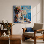 Mediterranean Coastal Village Wall Art Seaside Harbor Framed Canvas Ocean Landscape Living Room Decor