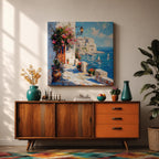Mediterranean Coastal Village Wall Art Seaside Harbor Framed Canvas Ocean Landscape Living Room Decor