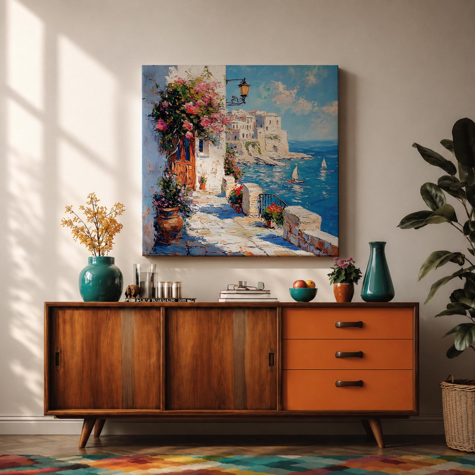 Mediterranean Coastal Village Wall Art Seaside Harbor Framed Canvas Ocean Landscape Living Room Decor