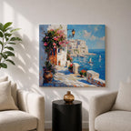 Mediterranean Coastal Village Wall Art Seaside Harbor Framed Canvas Ocean Landscape Living Room Decor