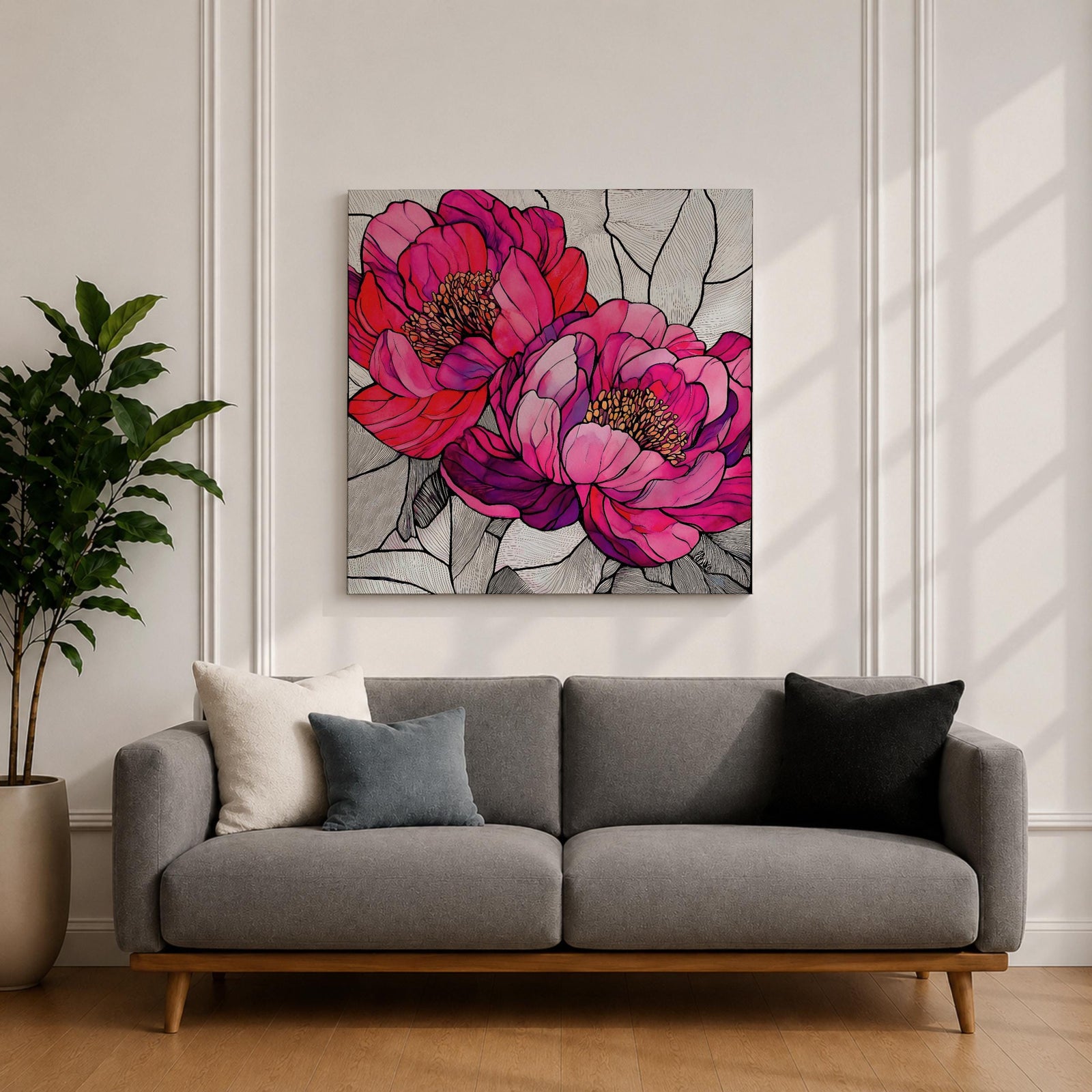 Peony Wall Art Garden Flower Framed Canvas Stained Glass Botanical Boho Home Decor