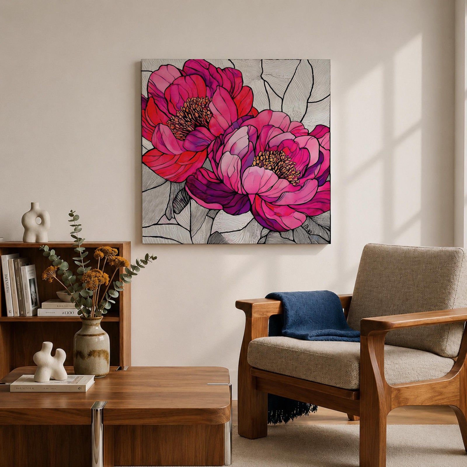 Peony Wall Art Garden Flower Framed Canvas Stained Glass Botanical Boho Home Decor