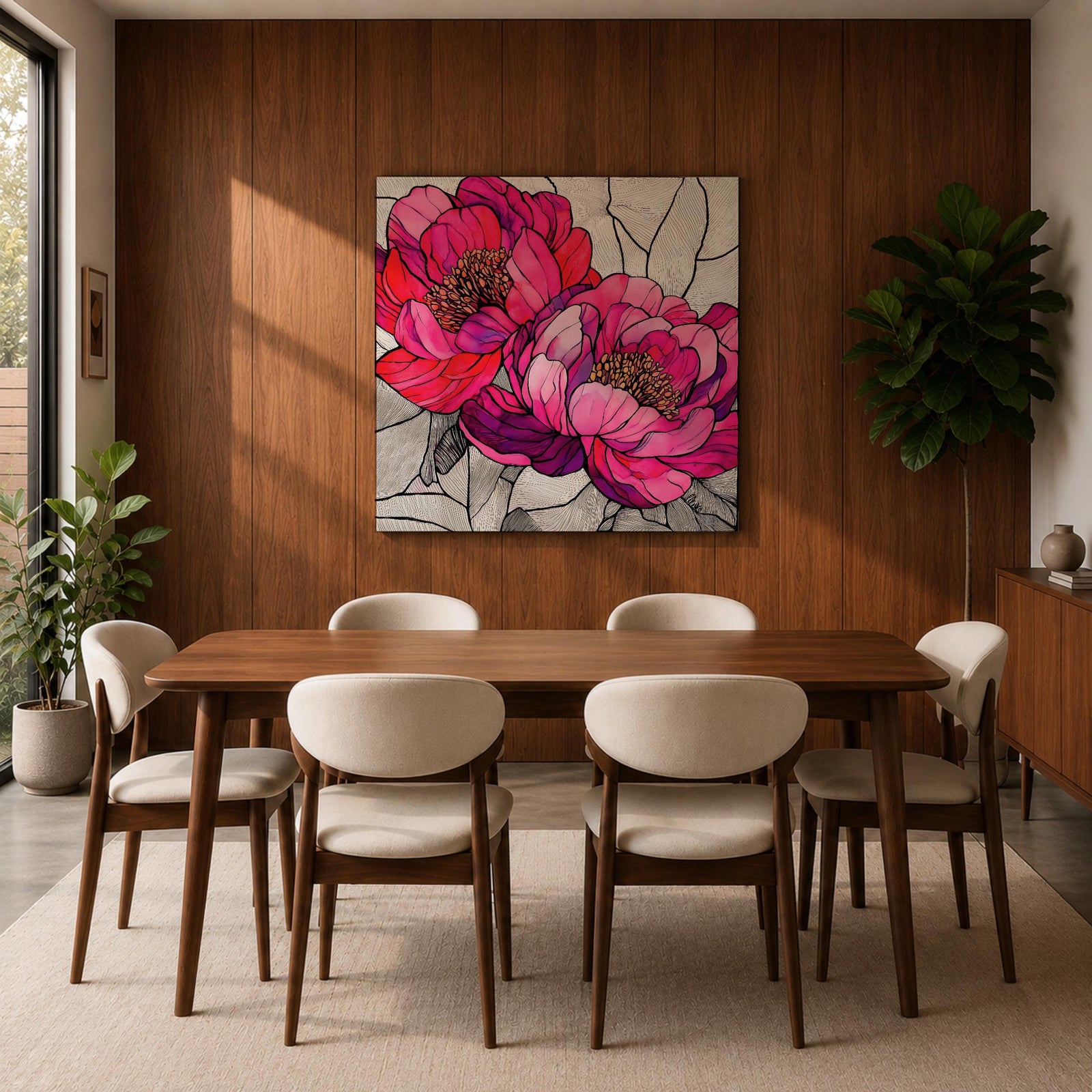 Peony Wall Art Garden Flower Framed Canvas Stained Glass Botanical Boho Home Decor