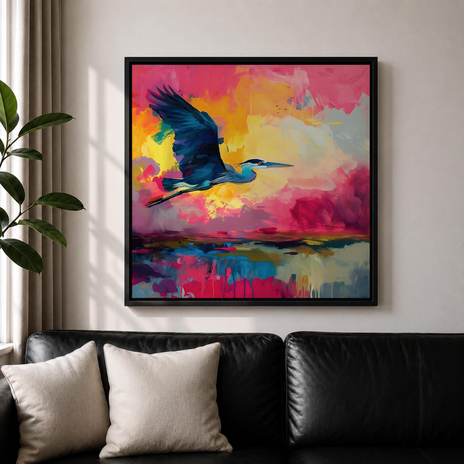 Flying Heron Wall Art Egret Bird Framed Canvas Coastal Wildlife Marsh Rustic Home Decor