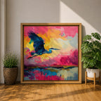 Flying Heron Wall Art Egret Bird Framed Canvas Coastal Wildlife Marsh Rustic Home Decor