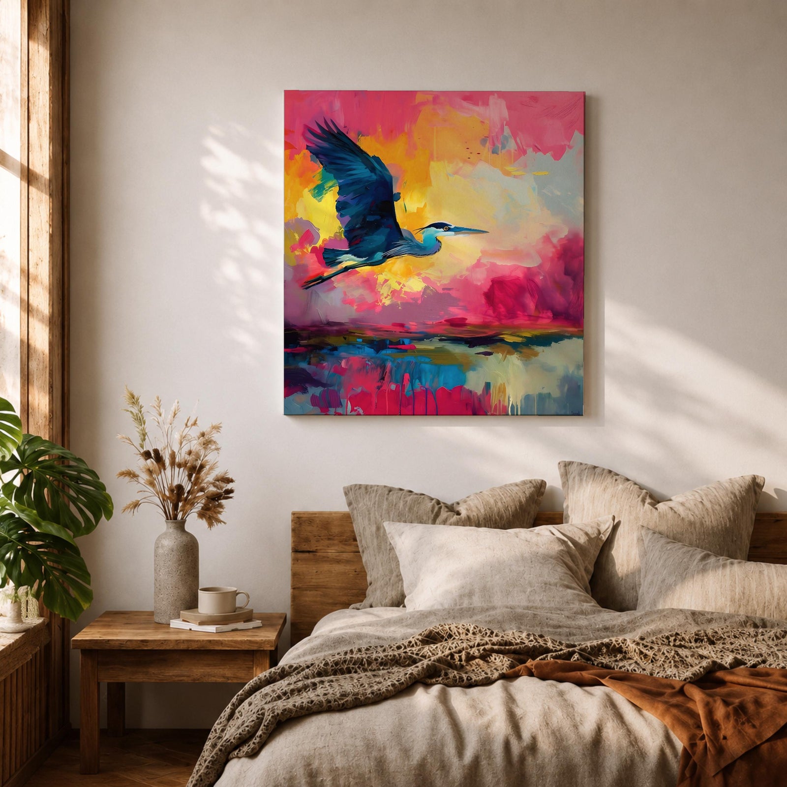 Flying Heron Wall Art Egret Bird Framed Canvas Coastal Wildlife Marsh Rustic Home Decor