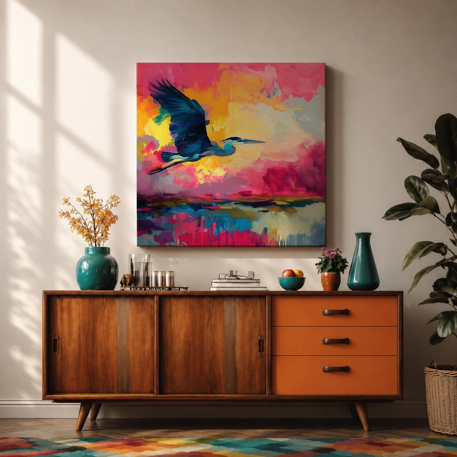 Flying Heron Wall Art Egret Bird Framed Canvas Coastal Wildlife Marsh Rustic Home Decor