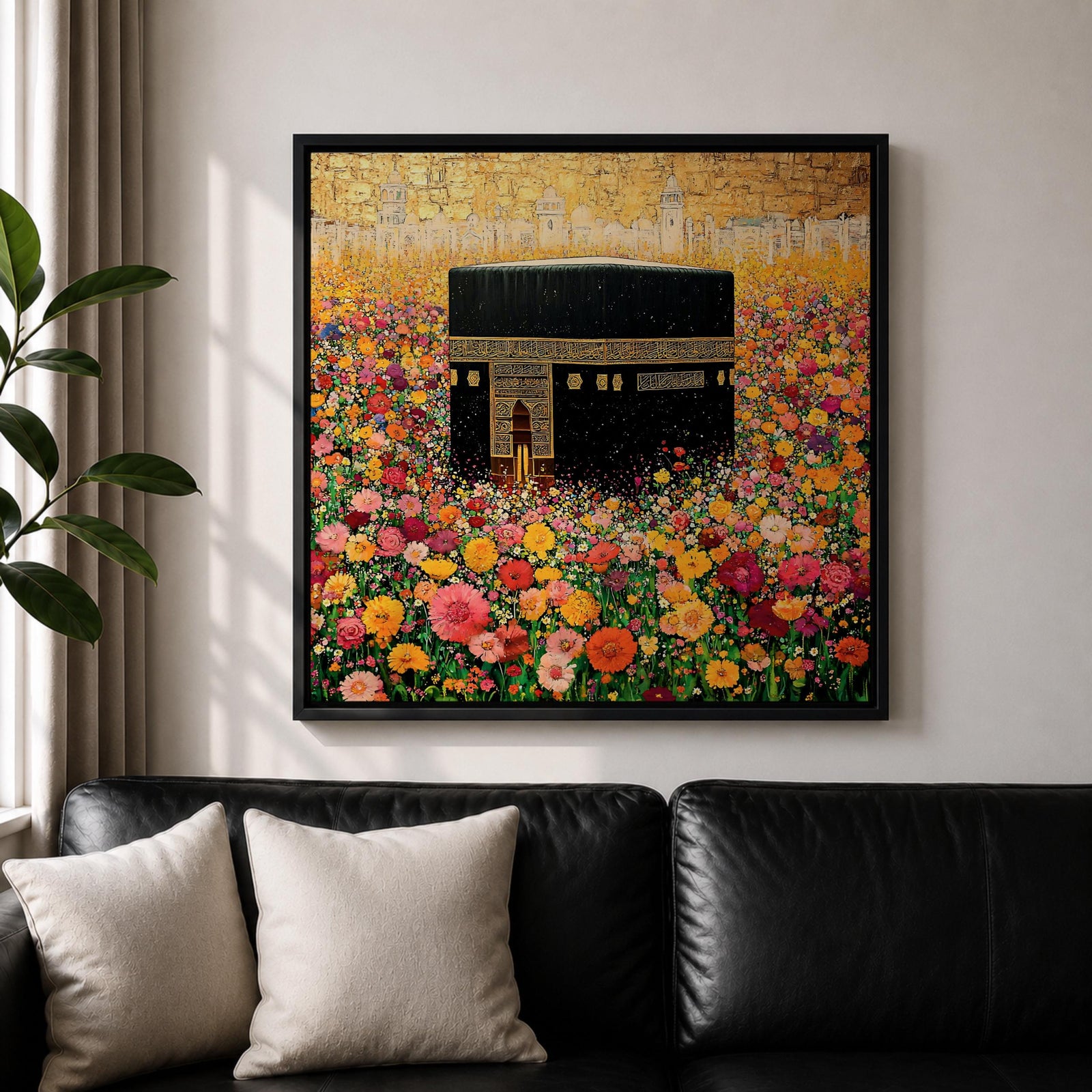 Kaaba Wall Art Floral Garden Framed Canvas Masjid al Haram Mecca Islamic Home Decor