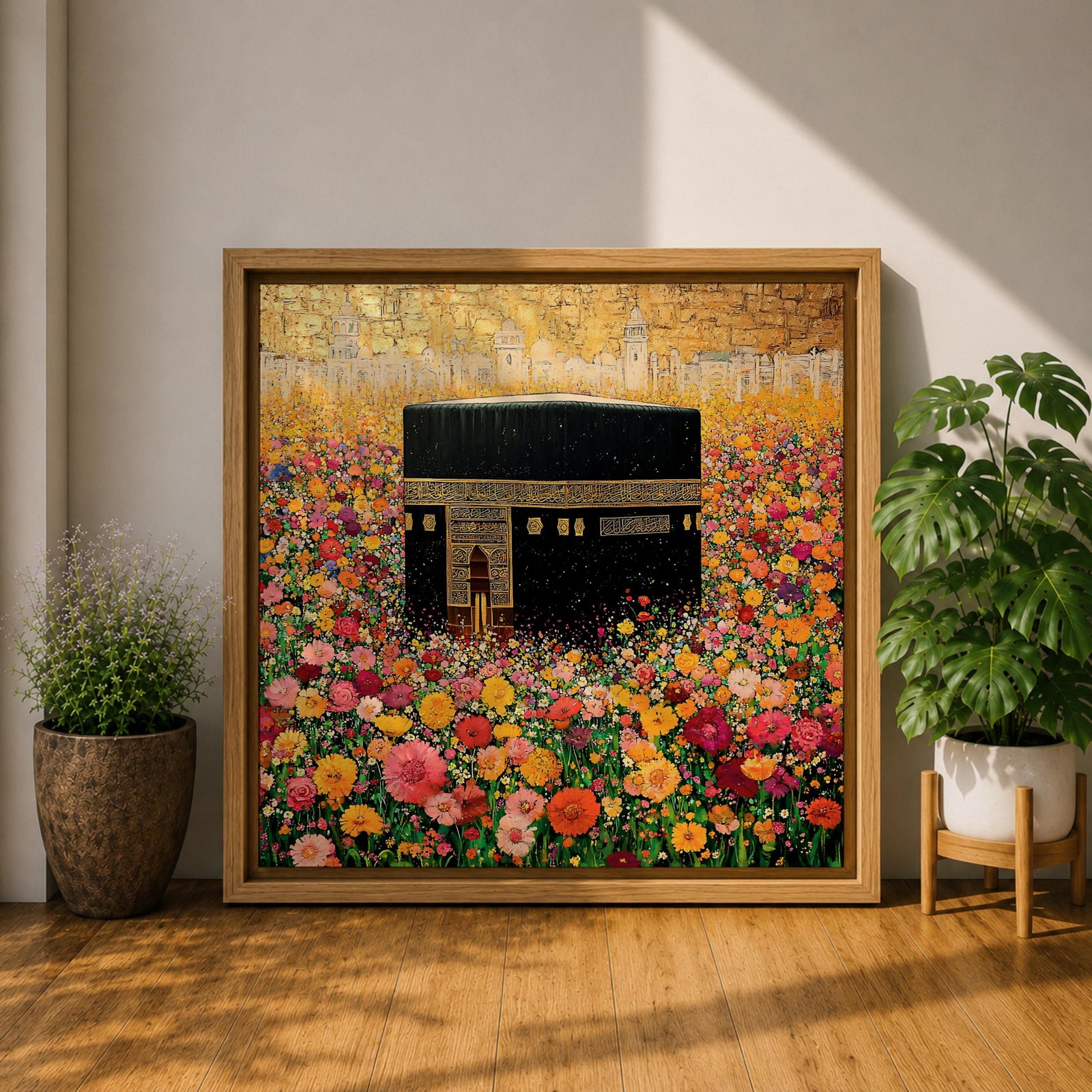 Kaaba Wall Art Floral Garden Framed Canvas Masjid al Haram Mecca Islamic Home Decor