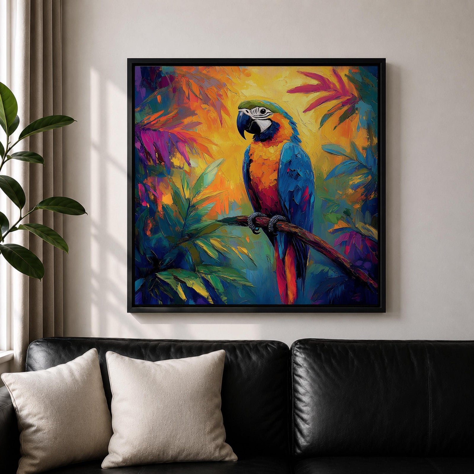 Parrot Wall Art Macaw Framed Canvas Exotic Bird Tropical Impasto Boho Home Decor