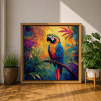 Parrot Wall Art Macaw Framed Canvas Exotic Bird Tropical Impasto Boho Home Decor