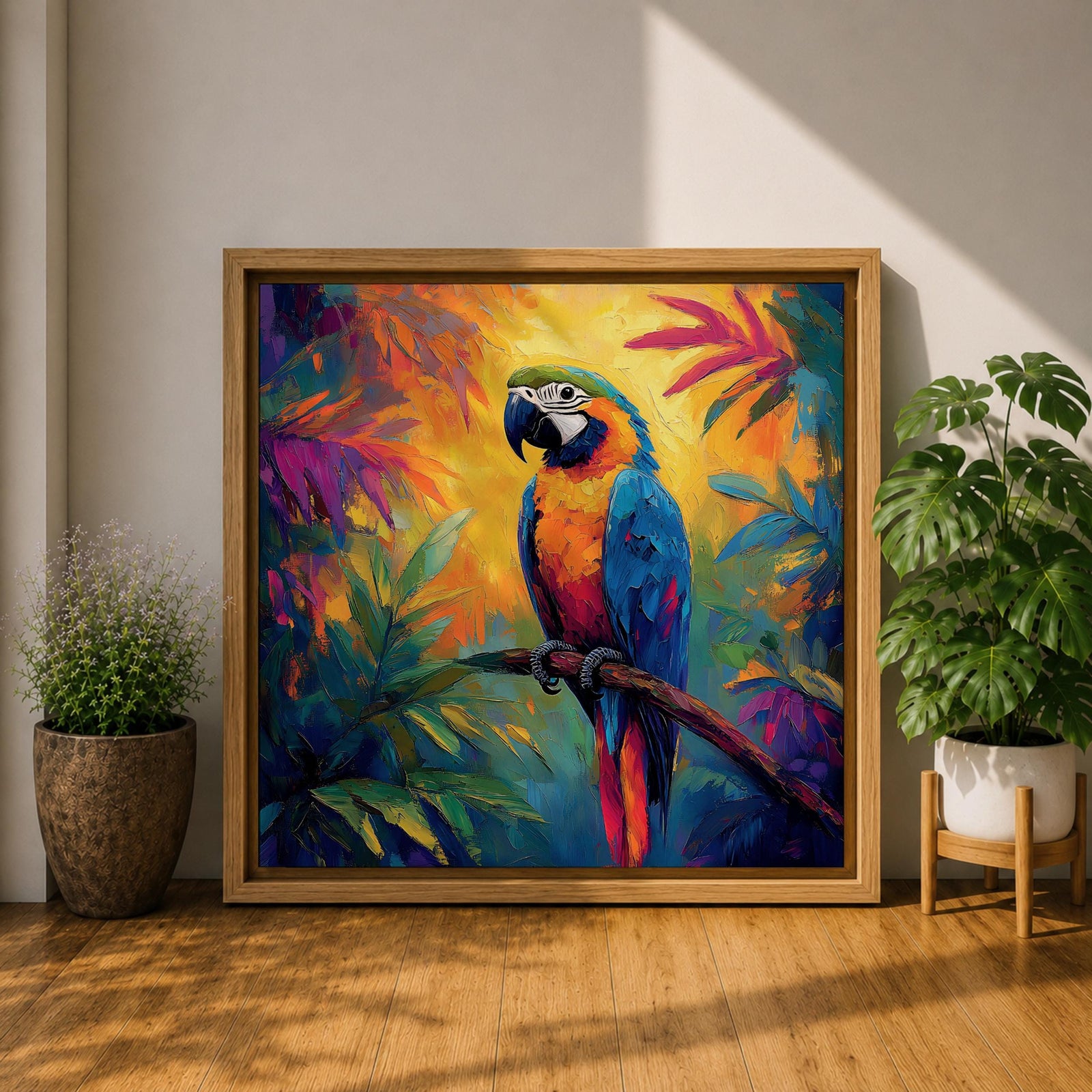 Parrot Wall Art Macaw Framed Canvas Exotic Bird Tropical Impasto Boho Home Decor
