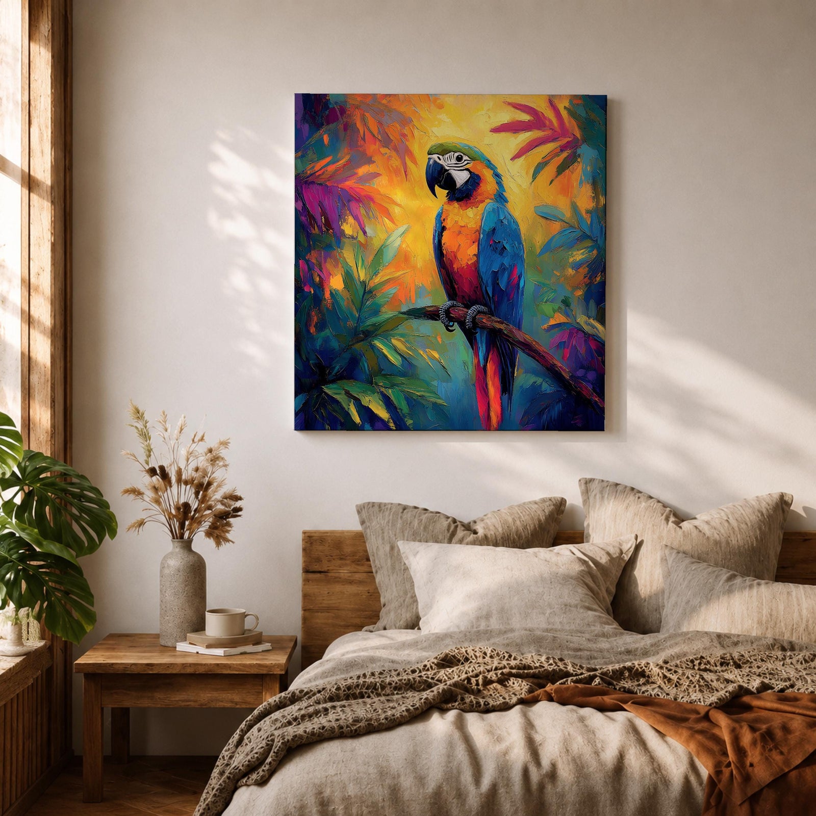 Parrot Wall Art Macaw Framed Canvas Exotic Bird Tropical Impasto Boho Home Decor