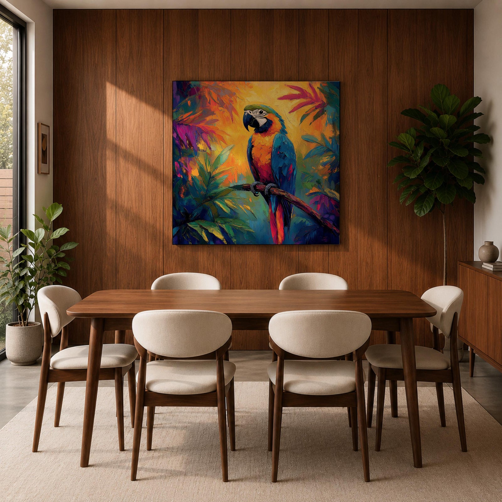 Parrot Wall Art Macaw Framed Canvas Exotic Bird Tropical Impasto Boho Home Decor