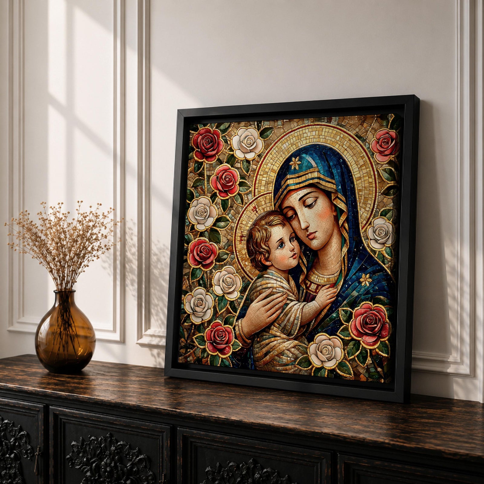 Virgin Mary and Child Wall Art Blessed Mother Framed Canvas Mosaic Catholic Home Decor