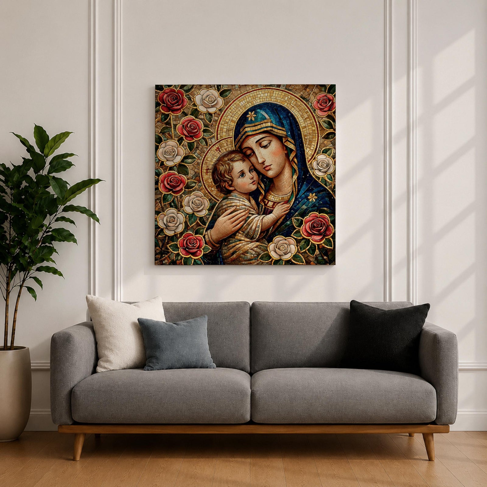 Virgin Mary and Child Wall Art Blessed Mother Framed Canvas Mosaic Catholic Home Decor