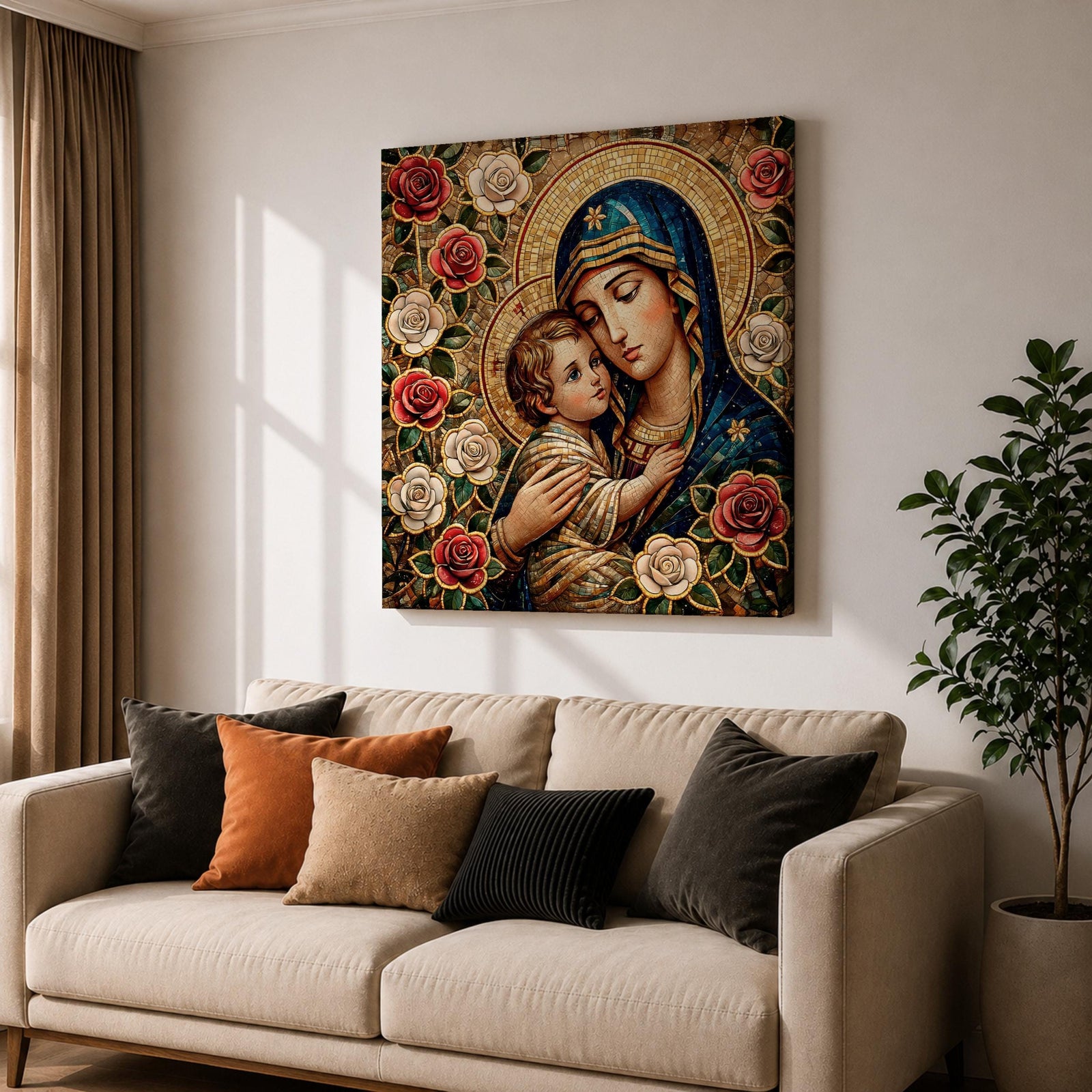 Virgin Mary and Child Wall Art Blessed Mother Framed Canvas Mosaic Catholic Home Decor