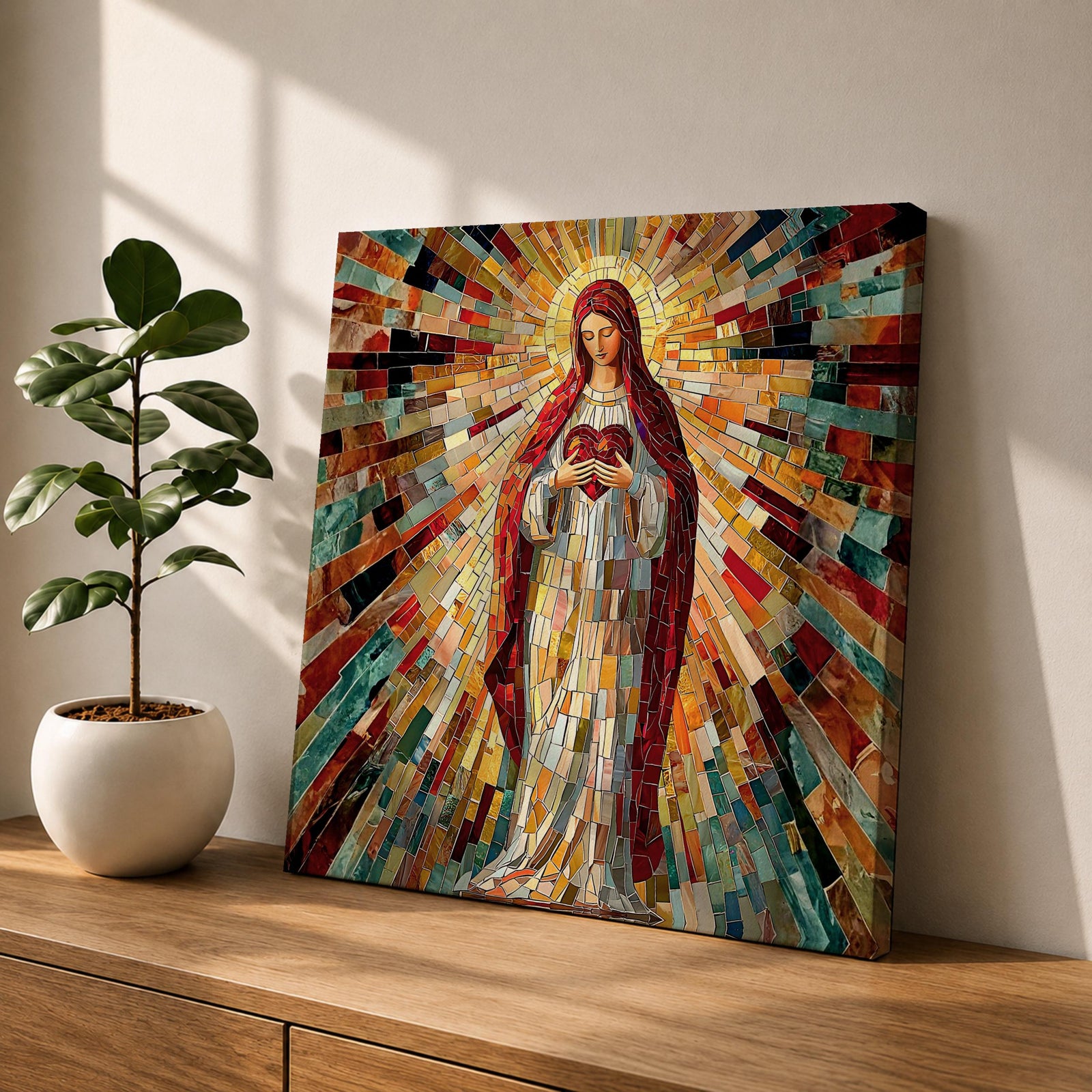 Sacred Heart of Mary Wall Art Blessed Mother Framed Canvas Mosaic Catholic Home Decor
