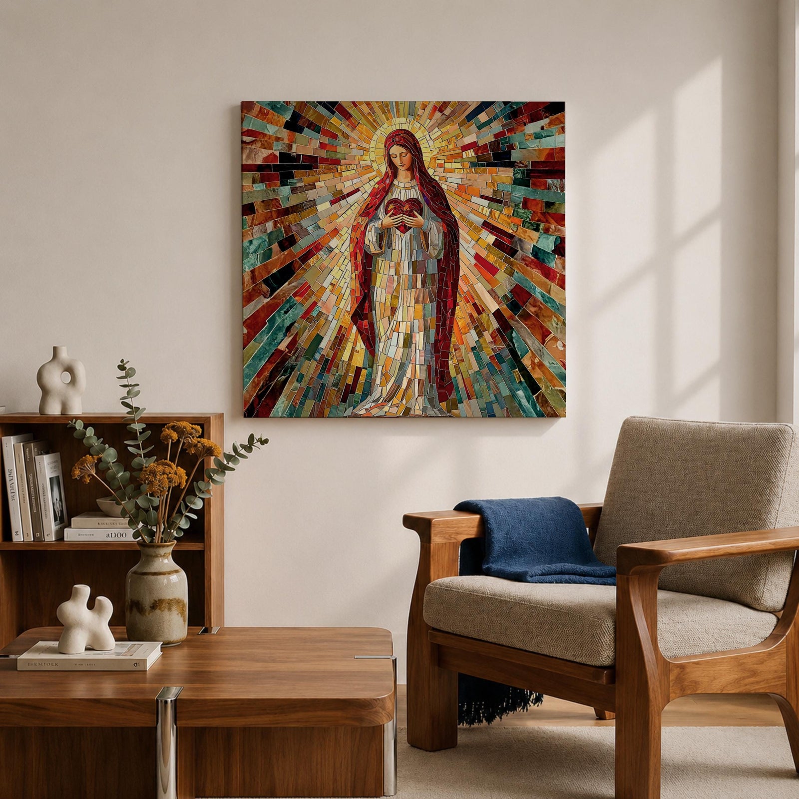Sacred Heart of Mary Wall Art Blessed Mother Framed Canvas Mosaic Catholic Home Decor