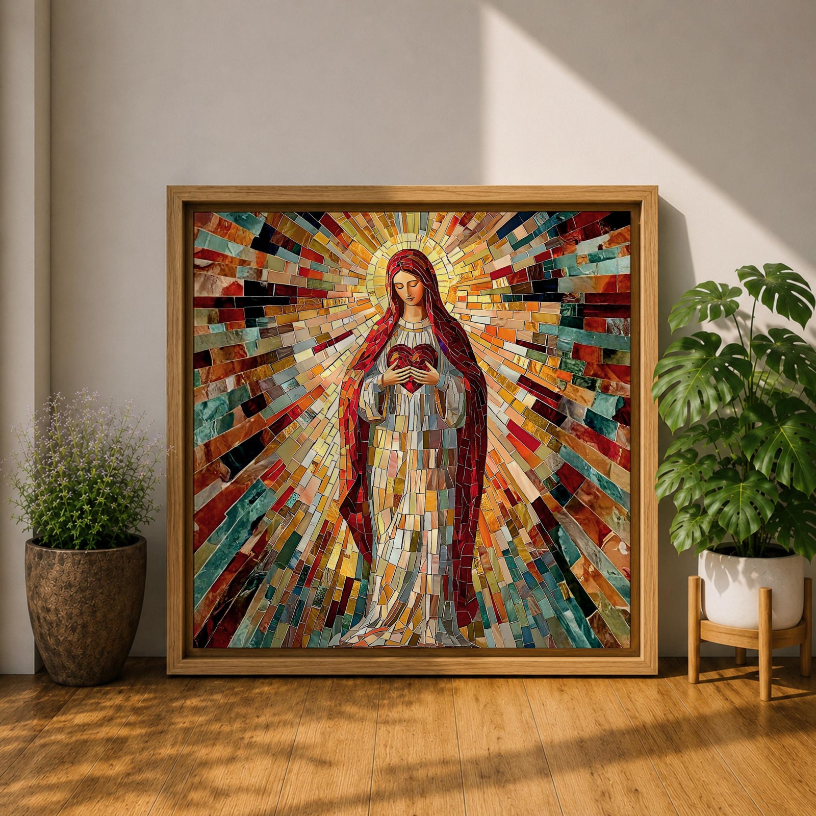 Sacred Heart of Mary Wall Art Blessed Mother Framed Canvas Mosaic Catholic Home Decor